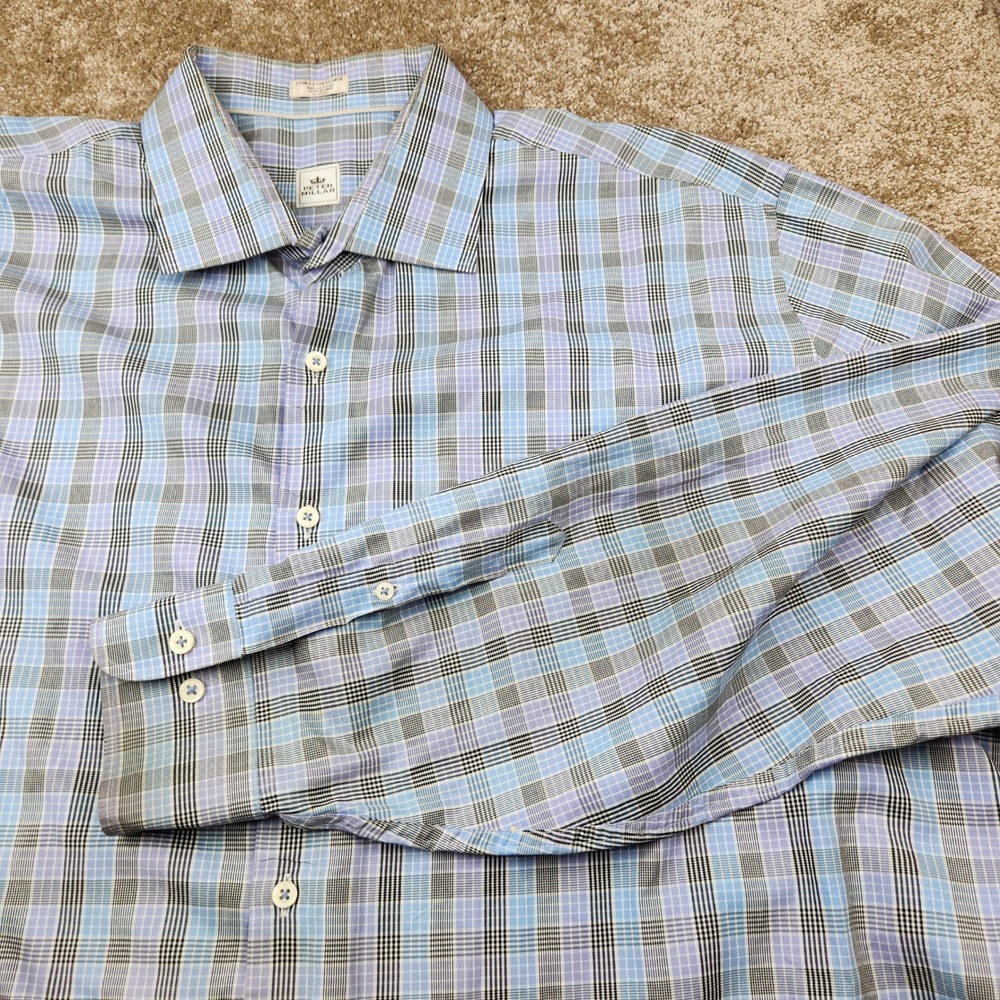 Peter Millar Mens XXL Blue Purple Plaid Long Sleeve Cotton Button Down Shirt